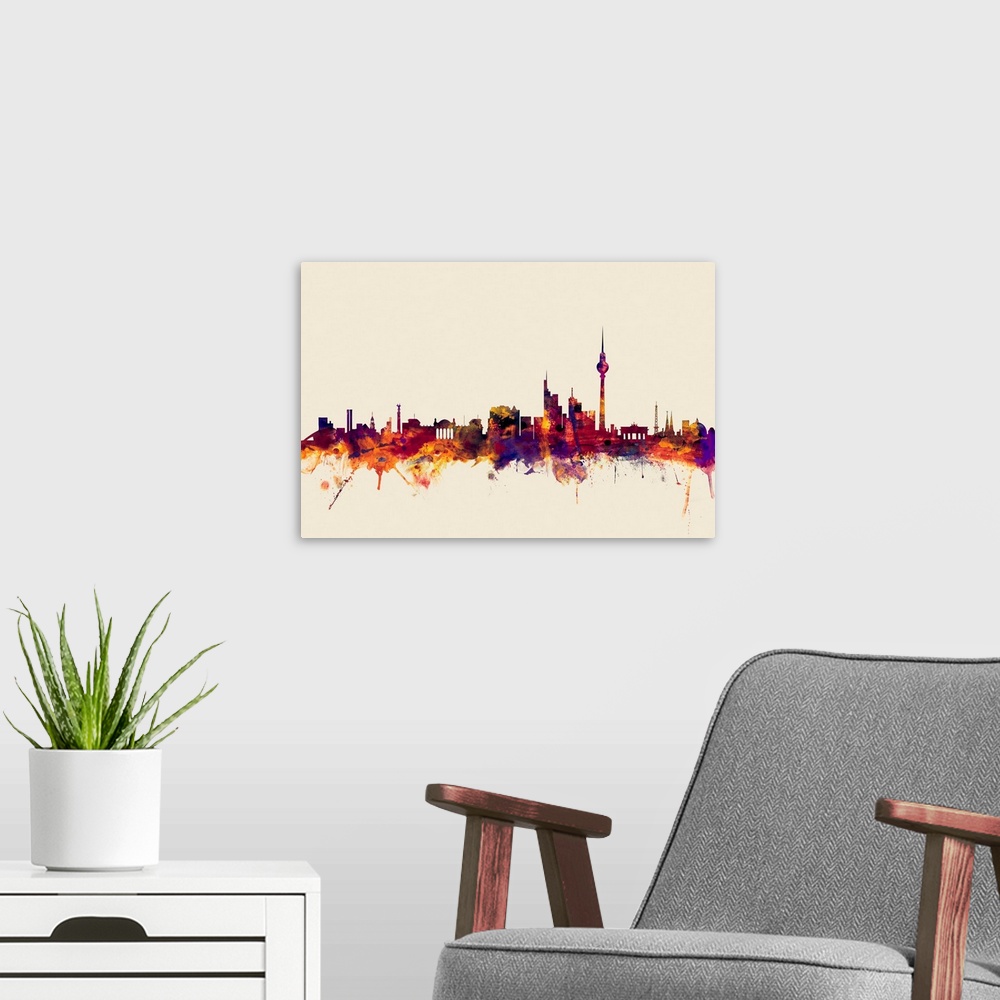 A modern room featuring Watercolor artwork of the Berlin skyline against a beige background.