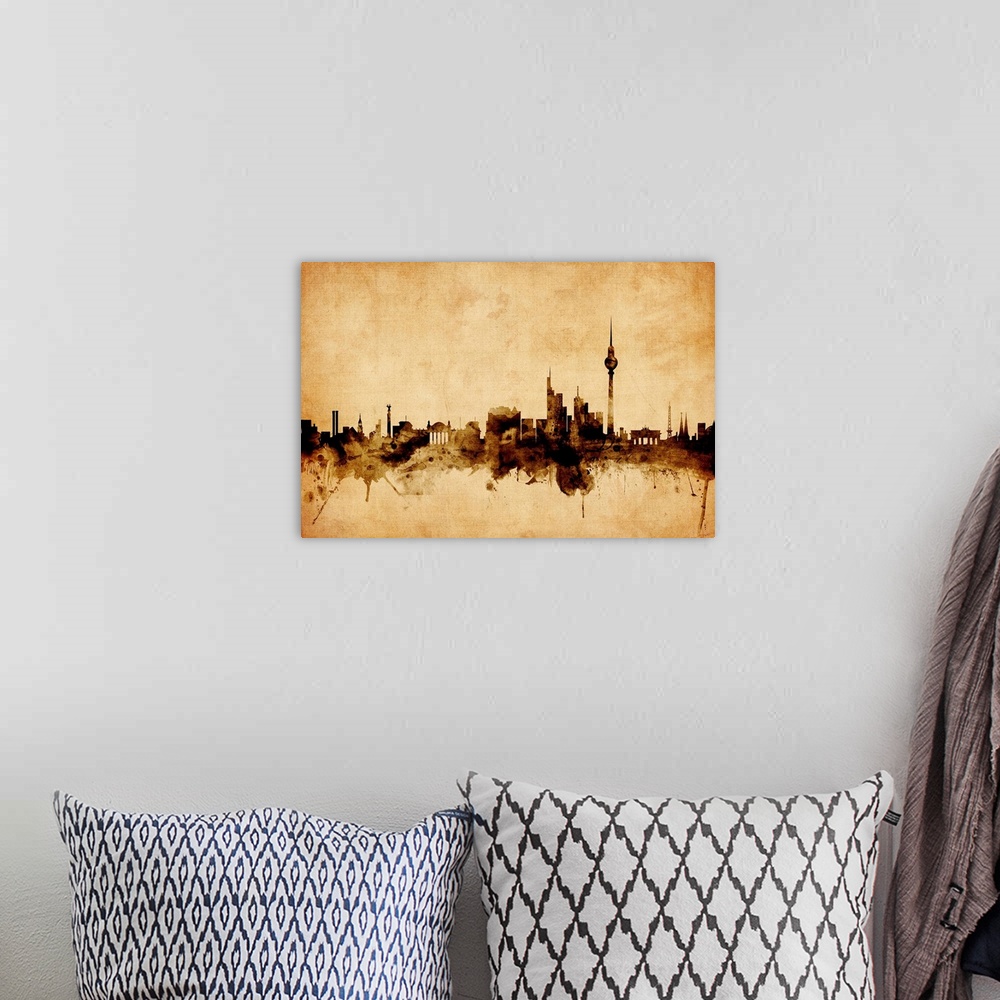 A bohemian room featuring Contemporary artwork of the Berlin city skyline in a vintage distressed look.
