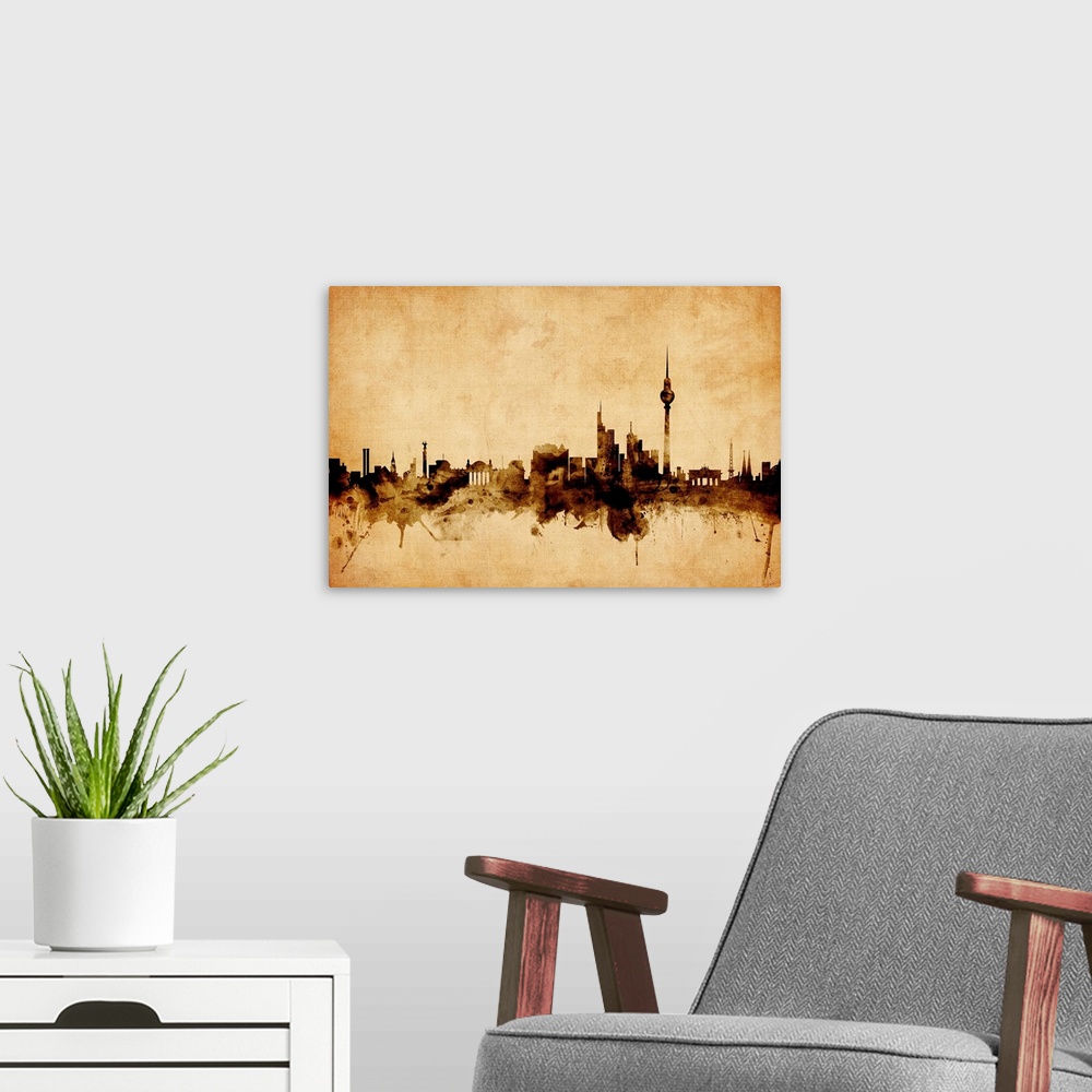 A modern room featuring Contemporary artwork of the Berlin city skyline in a vintage distressed look.