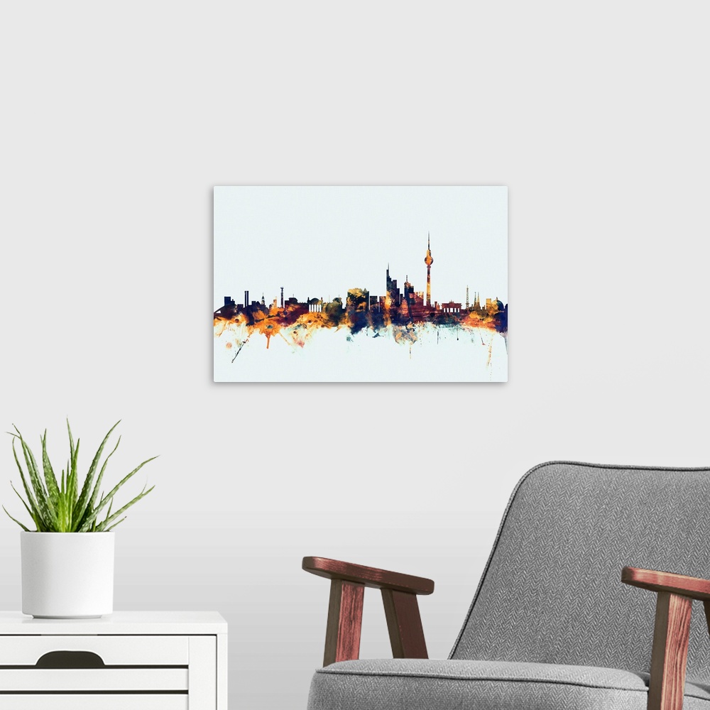 A modern room featuring Watercolor art print of the skyline of Berlin, Germany