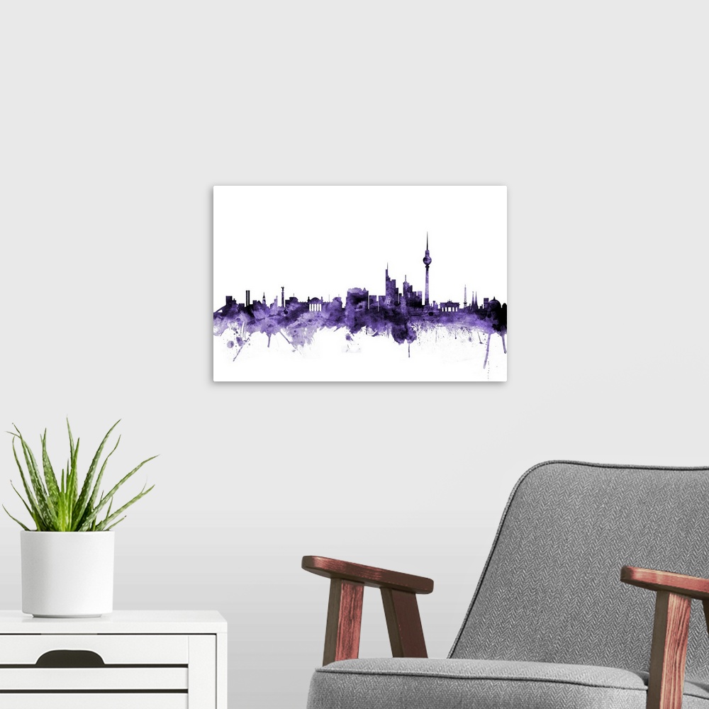 A modern room featuring Watercolor art print of the skyline of Berlin, Germany
