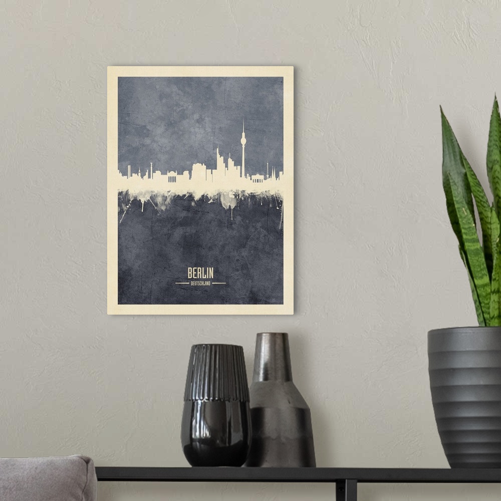 A modern room featuring Watercolor art print of the skyline of Berlin, Germany.