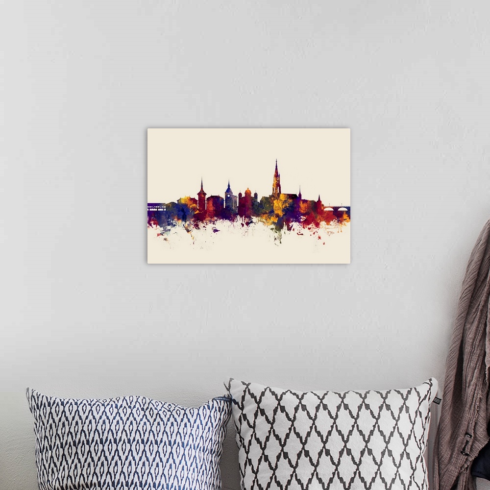 A bohemian room featuring Watercolor art print of the skyline of Bern, Switzerland
