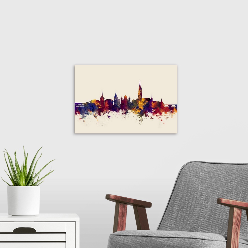A modern room featuring Watercolor art print of the skyline of Bern, Switzerland