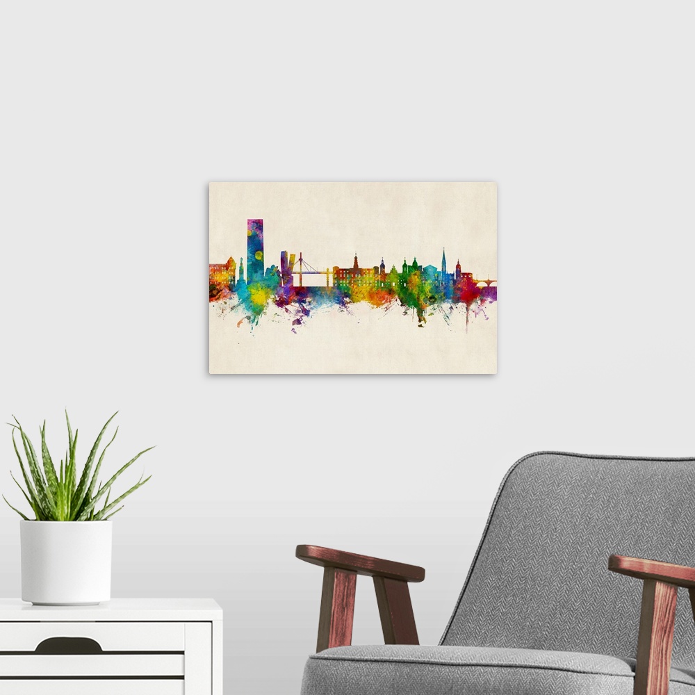 A modern room featuring Watercolor art print of the skyline of Bilbao, Spain