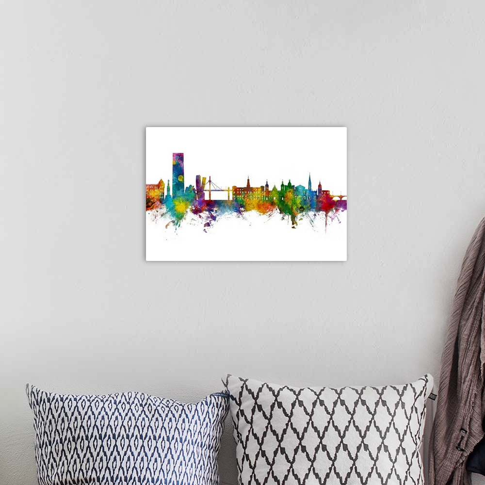 A bohemian room featuring Watercolor art print of the skyline of Bilbao, Spain