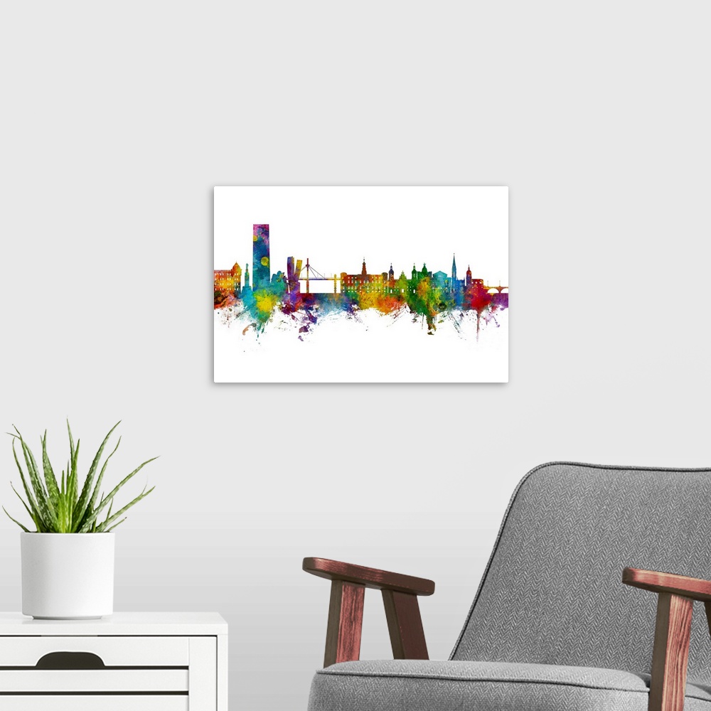 A modern room featuring Watercolor art print of the skyline of Bilbao, Spain