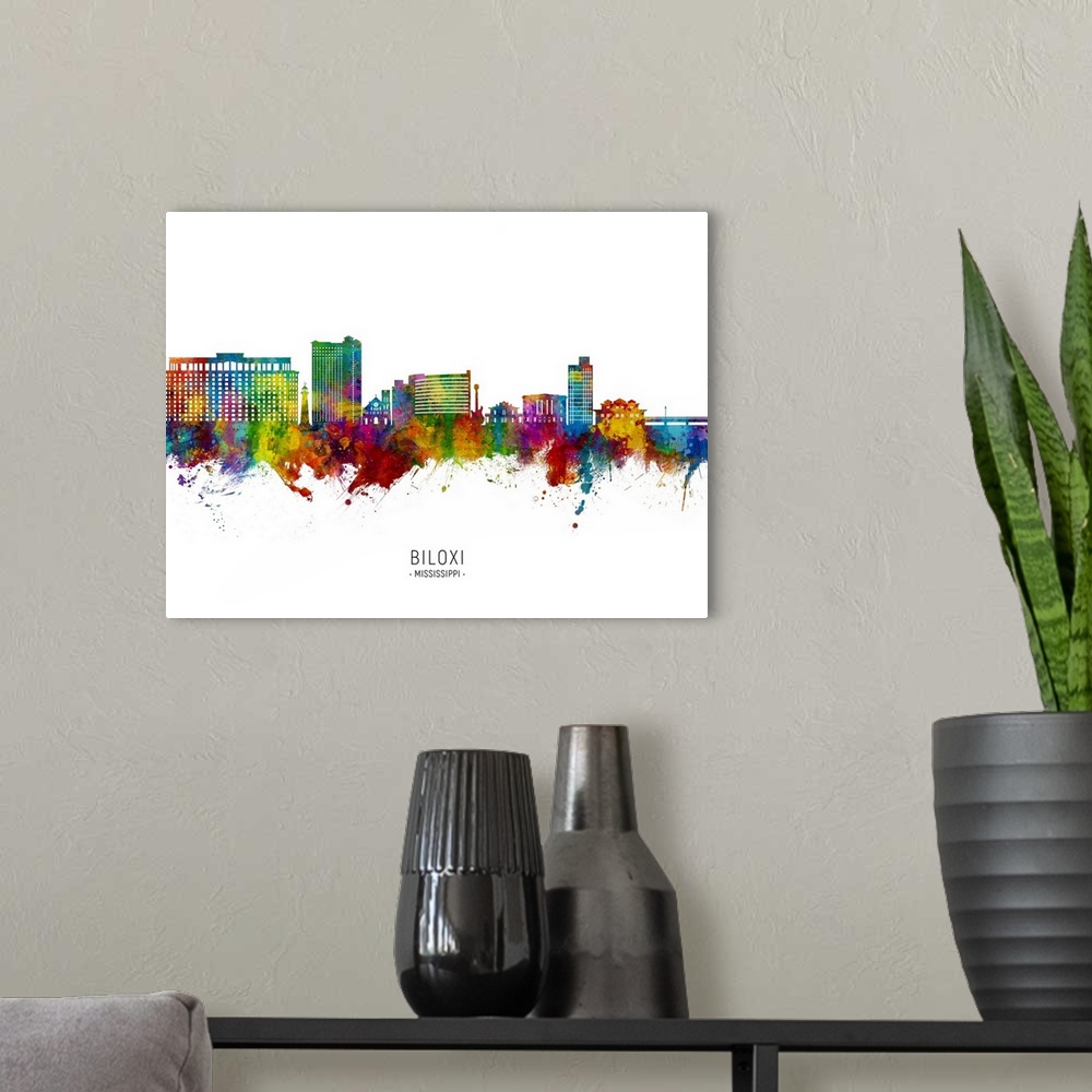 A modern room featuring Watercolor art print of the skyline of Biloxi, Mississippi, United States