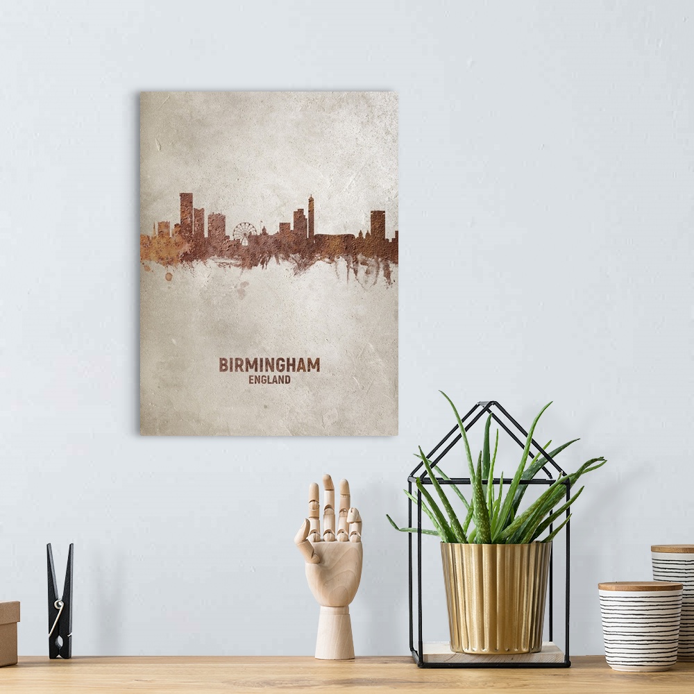 A bohemian room featuring Art print of the skyline of Birmingham, England, United Kingdom. Rust on concrete.
