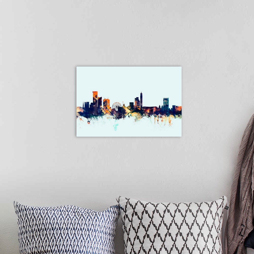 A bohemian room featuring Dark watercolor silhouette of the Birmingham city skyline against a light blue background.