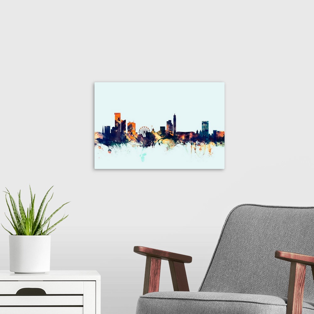 A modern room featuring Dark watercolor silhouette of the Birmingham city skyline against a light blue background.