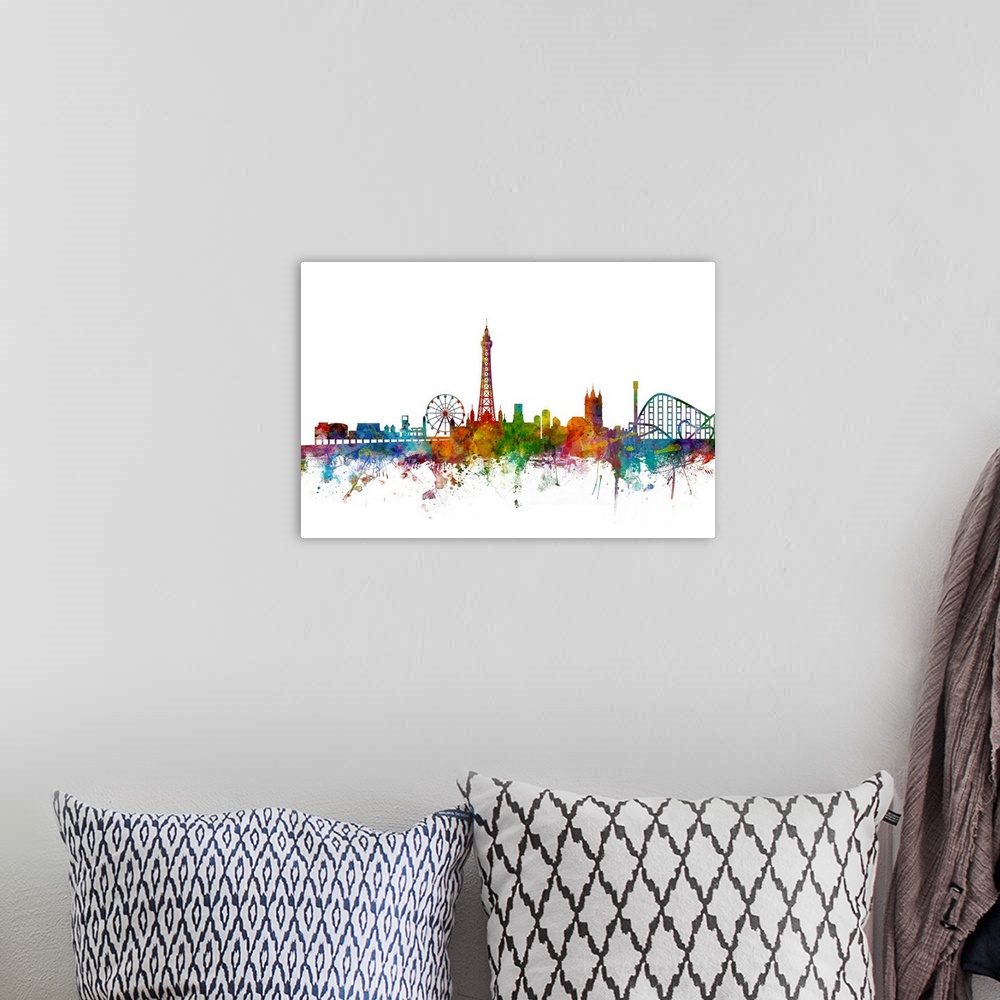 A bohemian room featuring Colorful watercolor splattered silhouetted of the Blackpool city skyline.