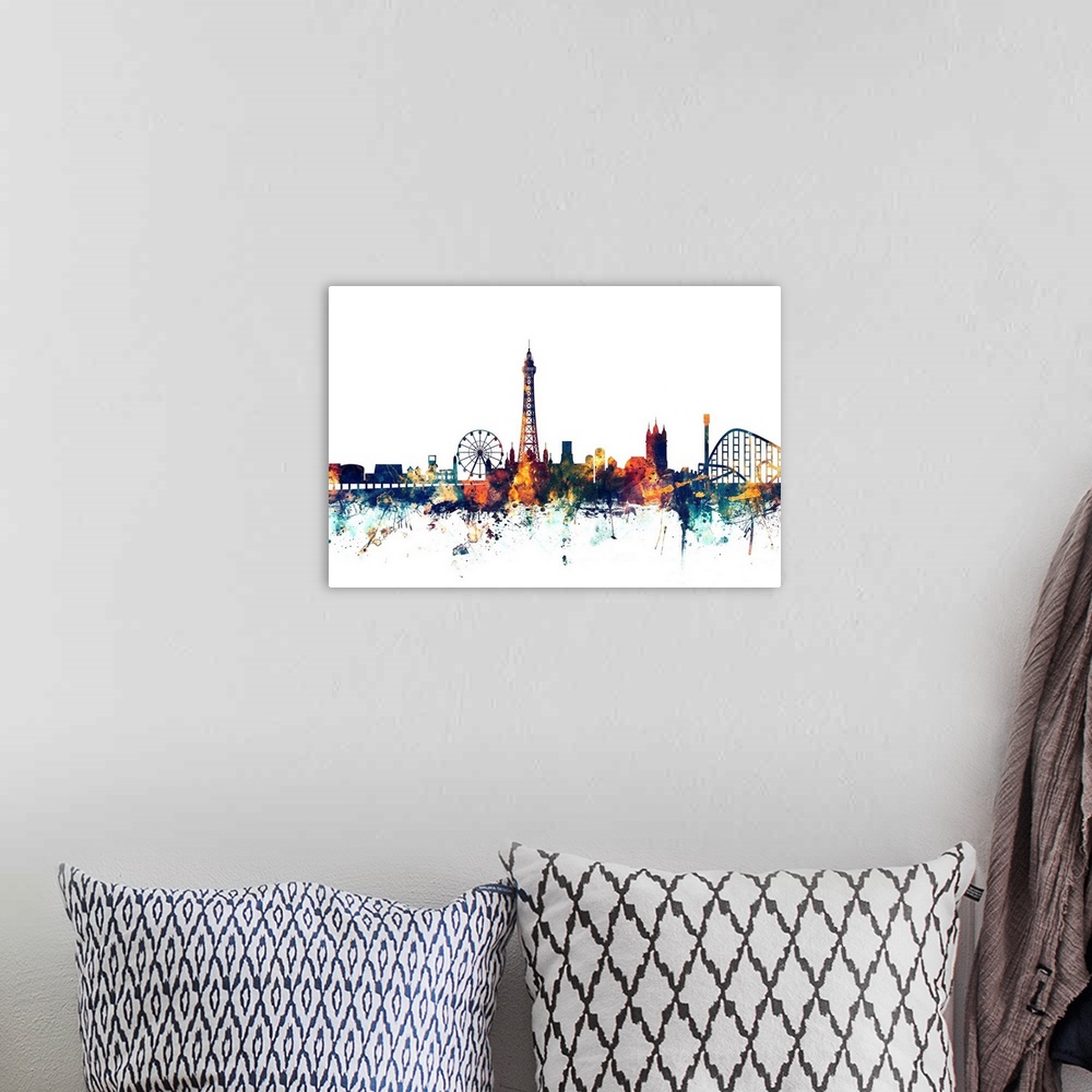 A bohemian room featuring Dark watercolor silhouette of the Blackpool city skyline against a light blue background.