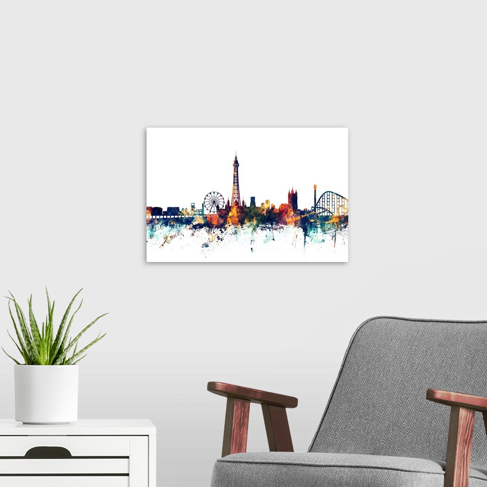 A modern room featuring Dark watercolor silhouette of the Blackpool city skyline against a light blue background.