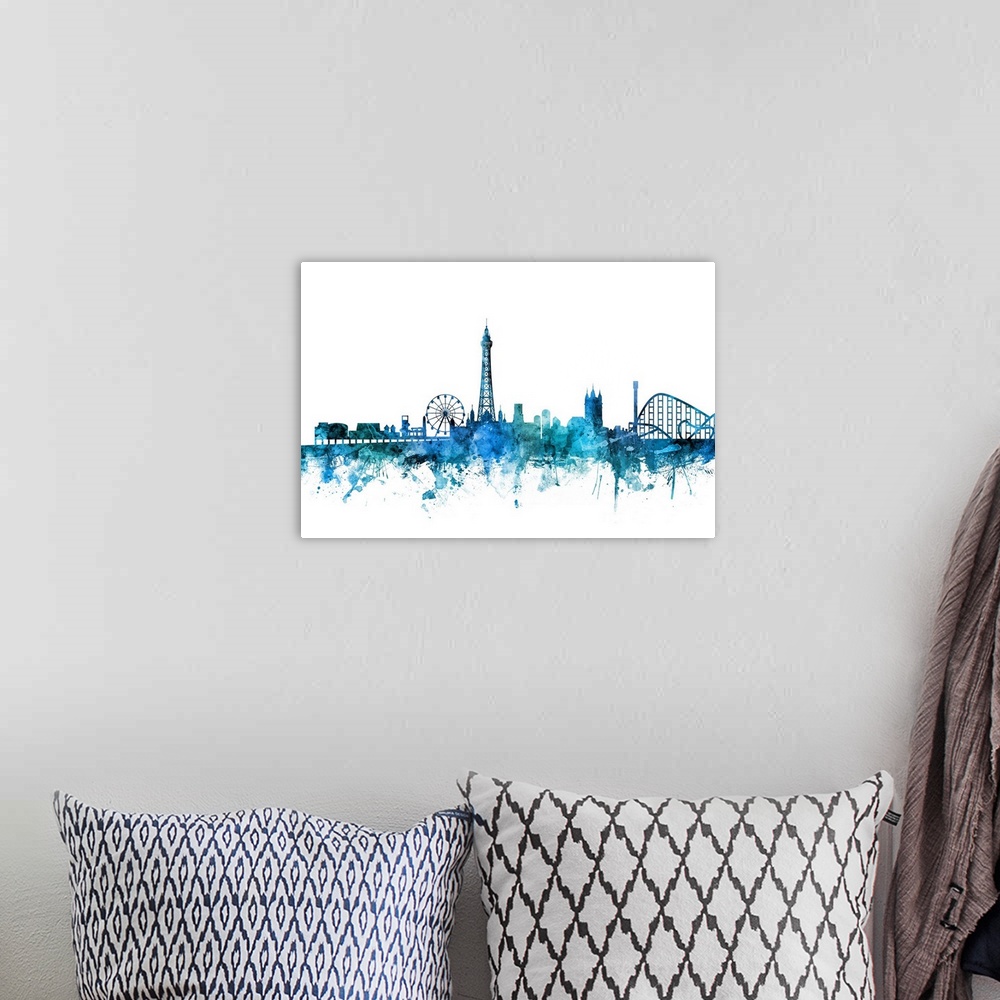 A bohemian room featuring Watercolor art print of the skyline of Blackpool, England, United Kingdom.