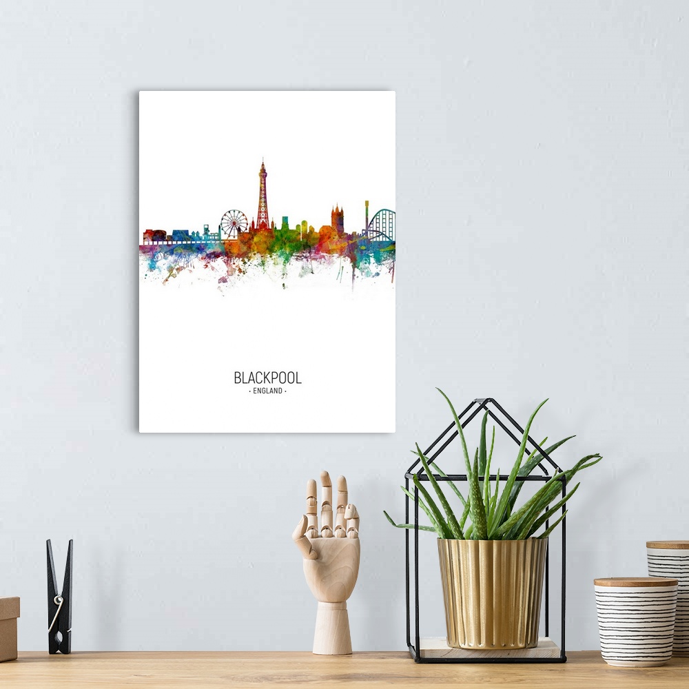 A bohemian room featuring Watercolor art print of the skyline of Blackpool, England, United Kingdom