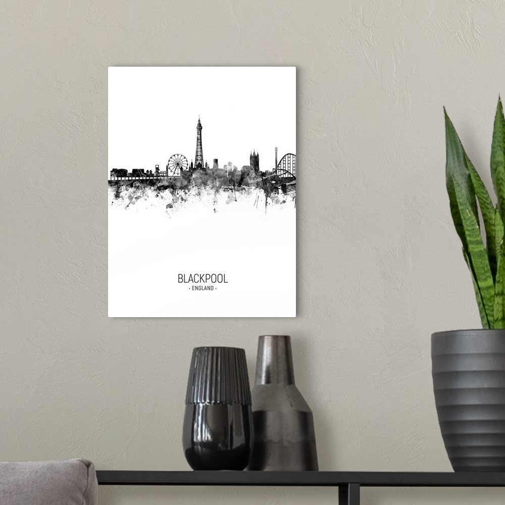 A modern room featuring Watercolor art print of the skyline of Blackpool, England, United Kingdom