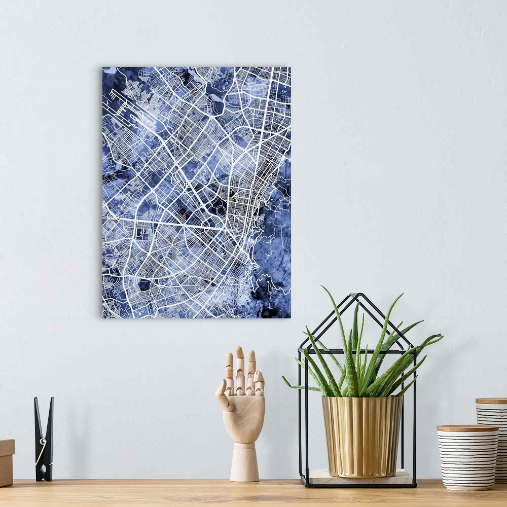 A bohemian room featuring Watercolor street map of Bogota, Colombia.