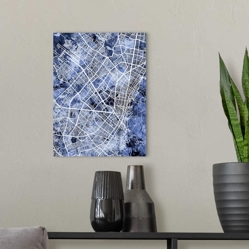 A modern room featuring Watercolor street map of Bogota, Colombia.