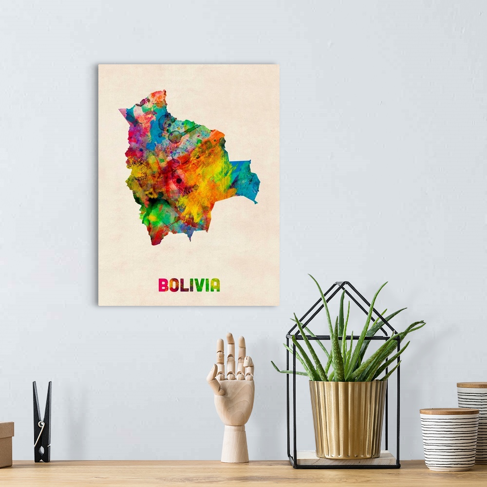 A bohemian room featuring Watercolor art map of the country Bolivia against a weathered beige background.