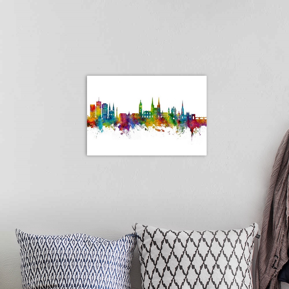 A bohemian room featuring Watercolor art print of the skyline of Bordeaux, France