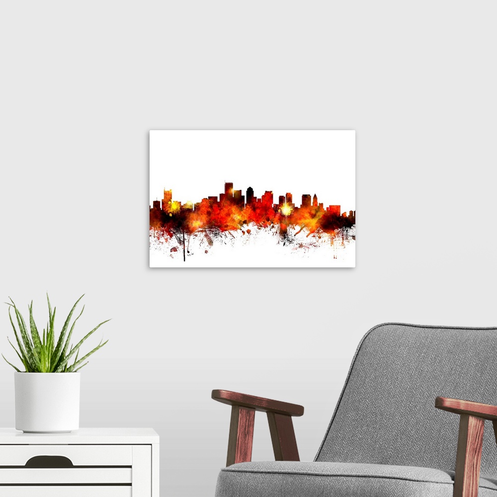 A modern room featuring Contemporary piece of artwork of the Boston skyline made of colorful paint splashes.