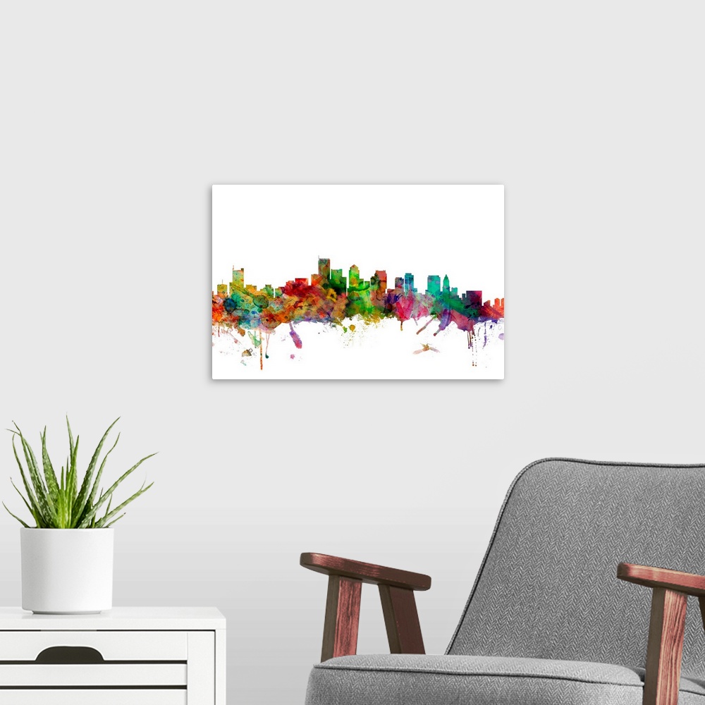 A modern room featuring Watercolor artwork of the Boston skyline against a white background.