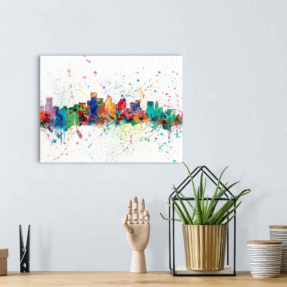 A bohemian room featuring Wild and vibrant paint splatter silhouette of the Boston skyline.