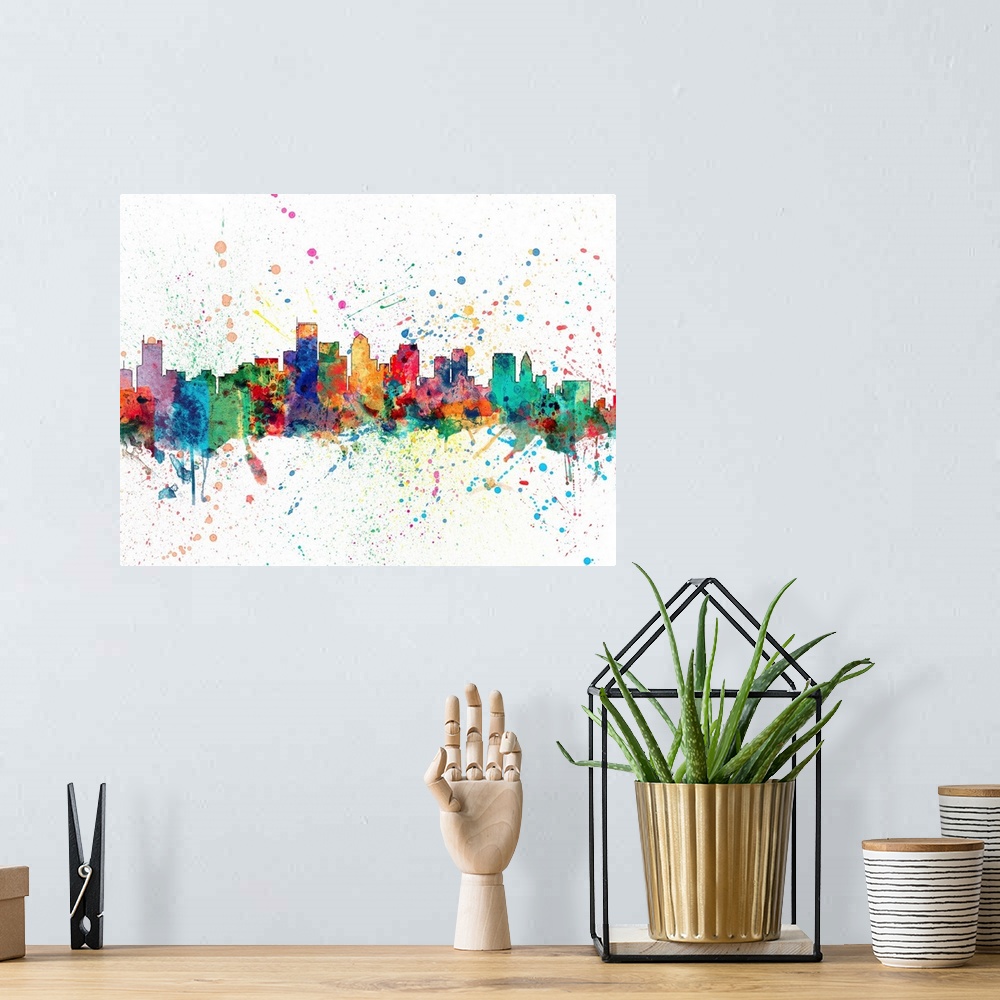 A bohemian room featuring Wild and vibrant paint splatter silhouette of the Boston skyline.