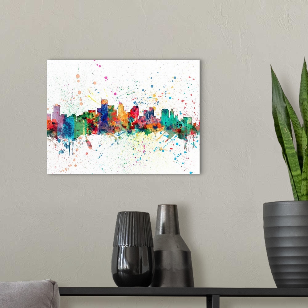 A modern room featuring Wild and vibrant paint splatter silhouette of the Boston skyline.