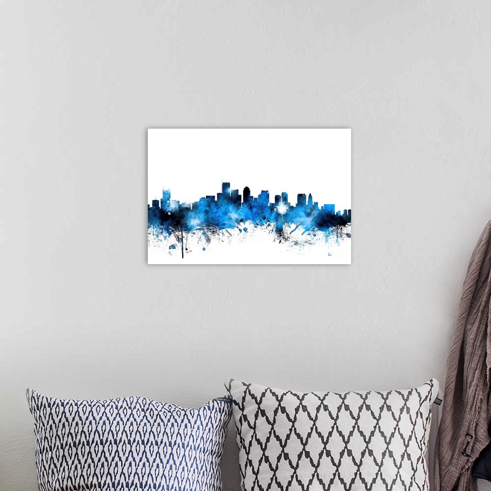 A bohemian room featuring Blue watercolor silhouette of the Boston city skyline.