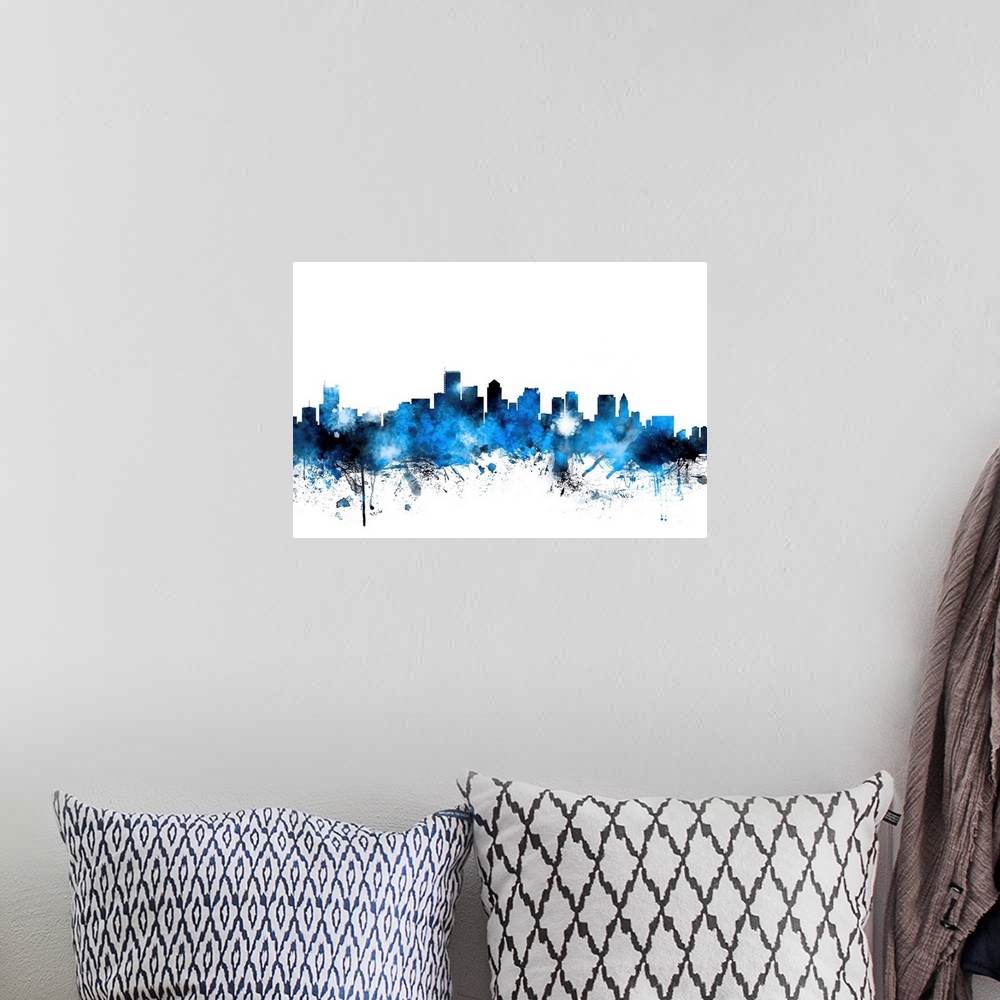 A bohemian room featuring Blue watercolor silhouette of the Boston city skyline.