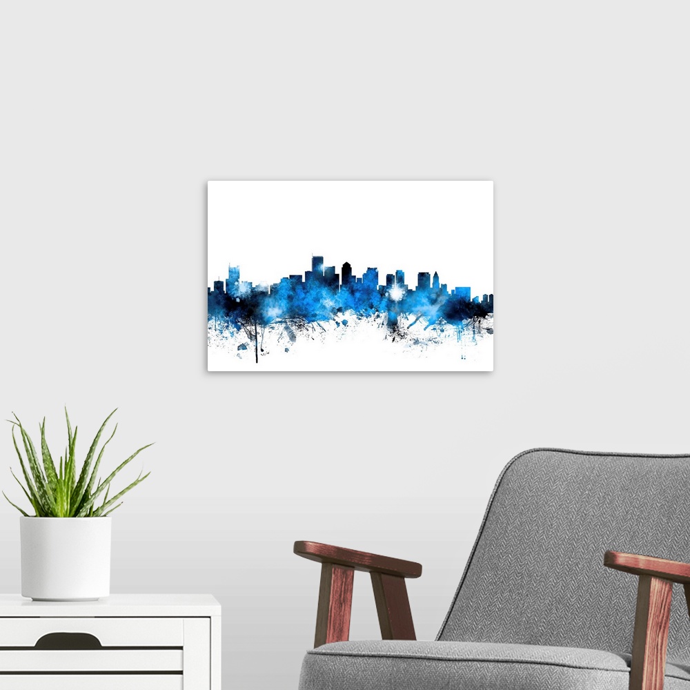 A modern room featuring Blue watercolor silhouette of the Boston city skyline.