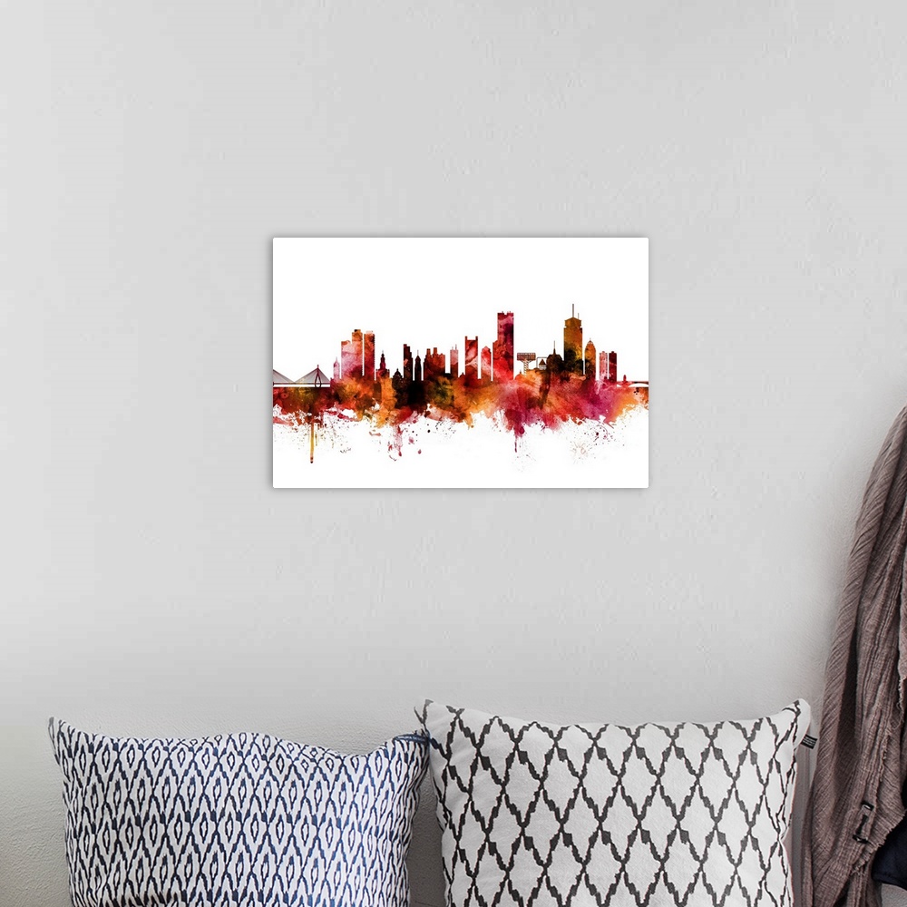 A bohemian room featuring Watercolor art print of the skyline of Boston, Massachusetts, United States