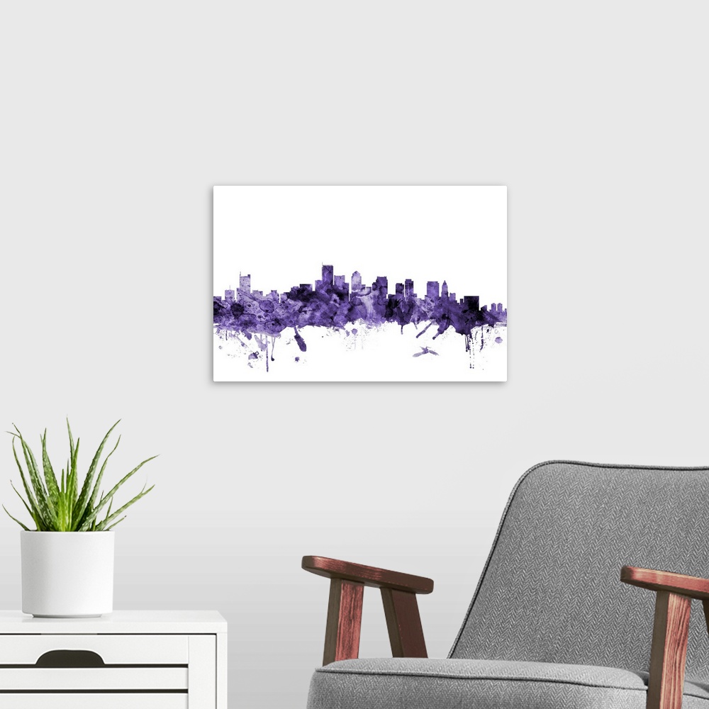 A modern room featuring Watercolor art print of the skyline of Boston, Massachusetts, United States