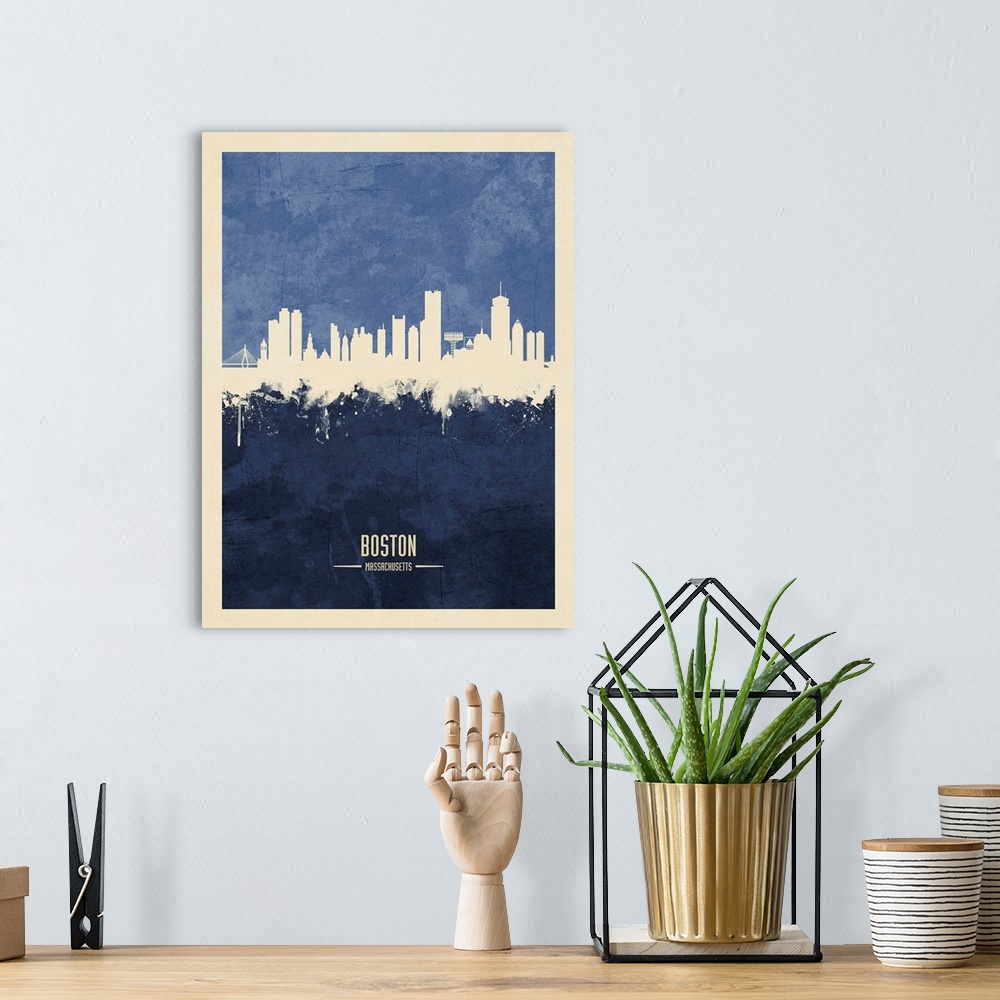 A bohemian room featuring Watercolor art print of the skyline of Boston, Massachusetts, United States