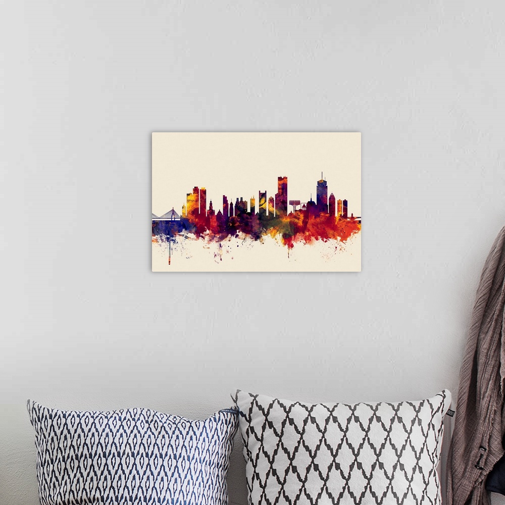 A bohemian room featuring Watercolor art print of the skyline of Boston, Massachusetts, United States.