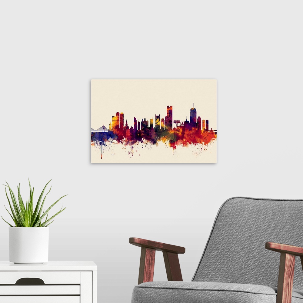 A modern room featuring Watercolor art print of the skyline of Boston, Massachusetts, United States.