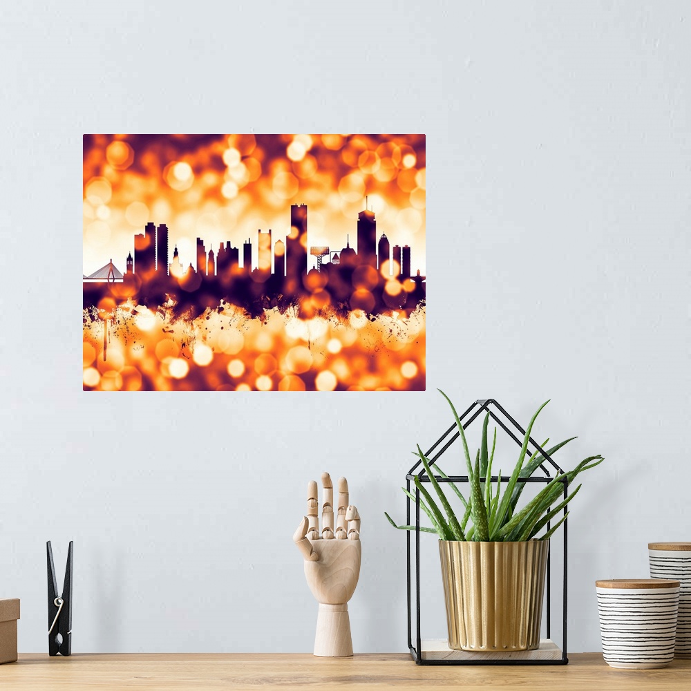 A bohemian room featuring Watercolor art print of the skyline of Boston, Massachusetts, United States.