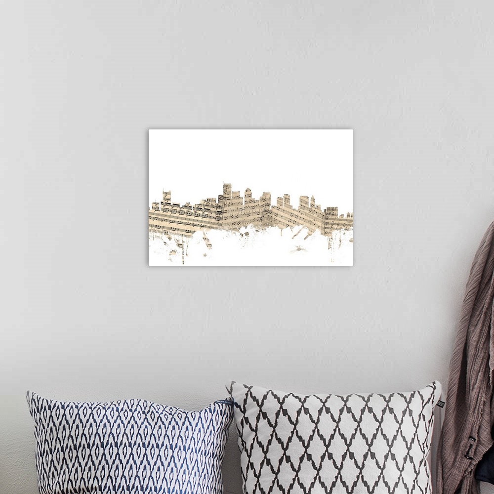 A bohemian room featuring Seattle skyline made of sheet music against a white background.