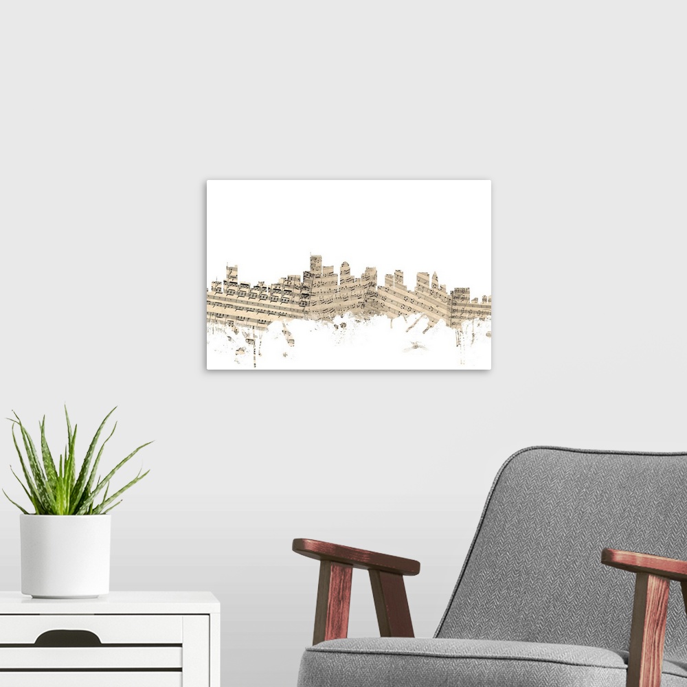 A modern room featuring Seattle skyline made of sheet music against a white background.