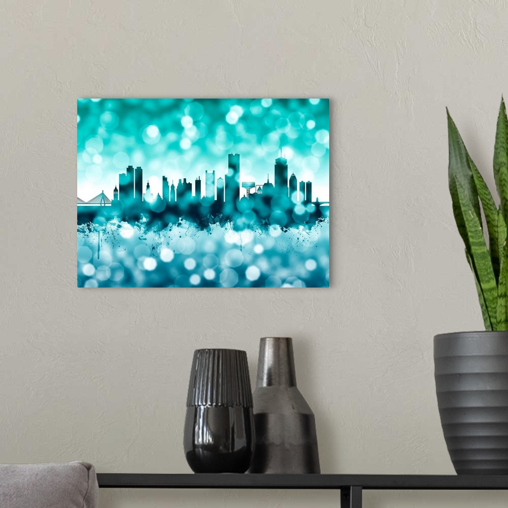 A modern room featuring Watercolor art print of the skyline of Boston, Massachusetts, United States.