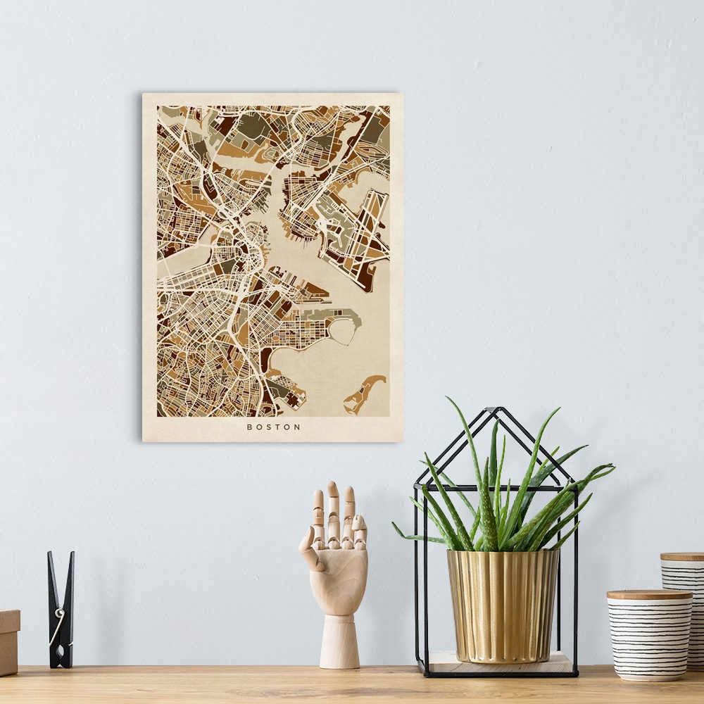A bohemian room featuring Contemporary artwork of the city street map of Boston.
