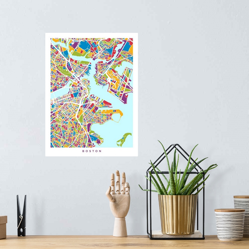 A bohemian room featuring Contemporary colorful artwork of a city street map of Boston.