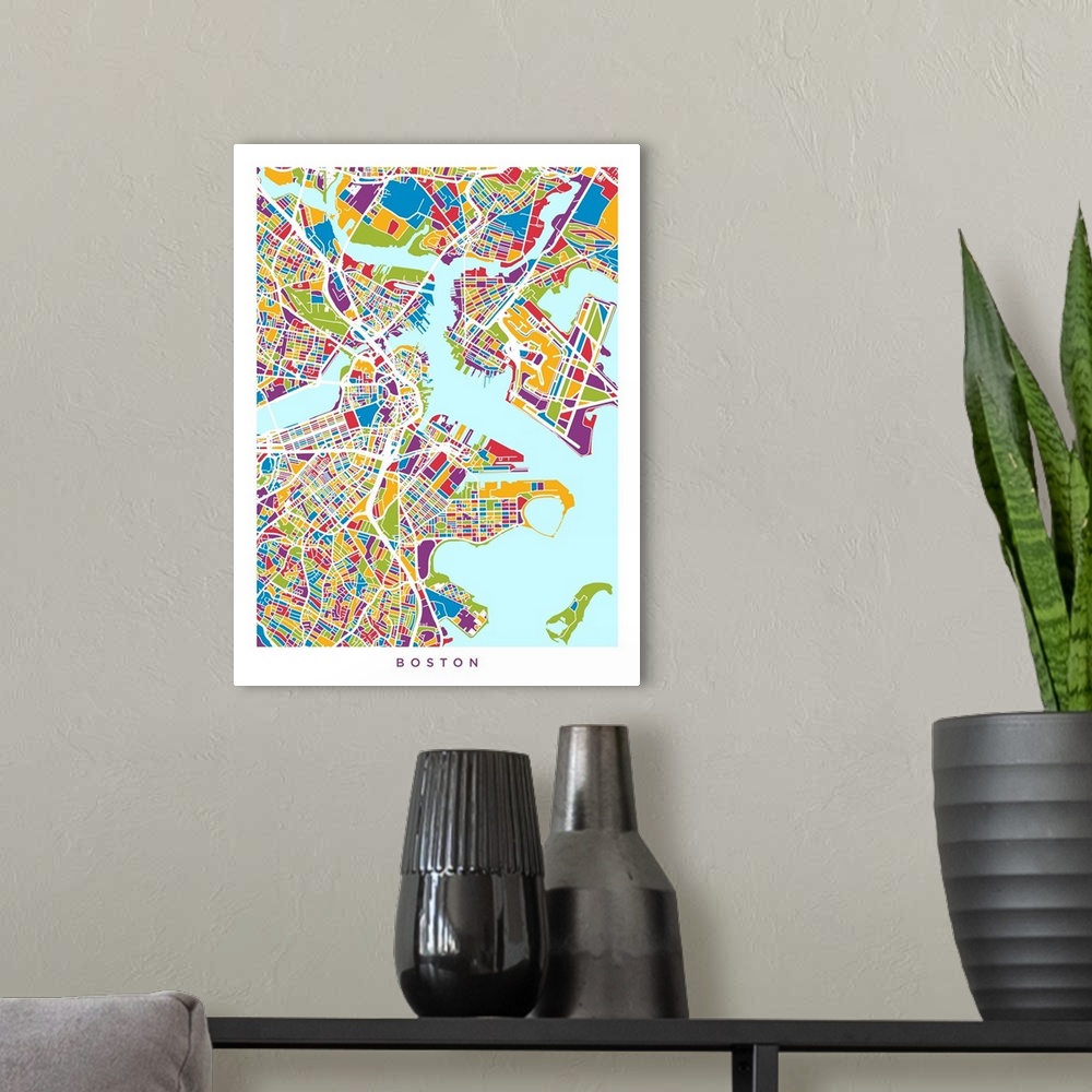 A modern room featuring Contemporary colorful artwork of a city street map of Boston.