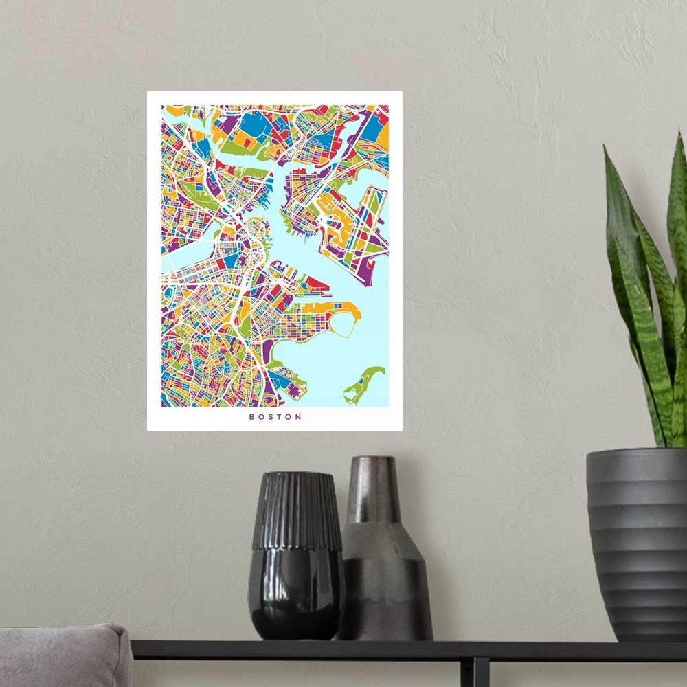 A modern room featuring Contemporary colorful artwork of a city street map of Boston.