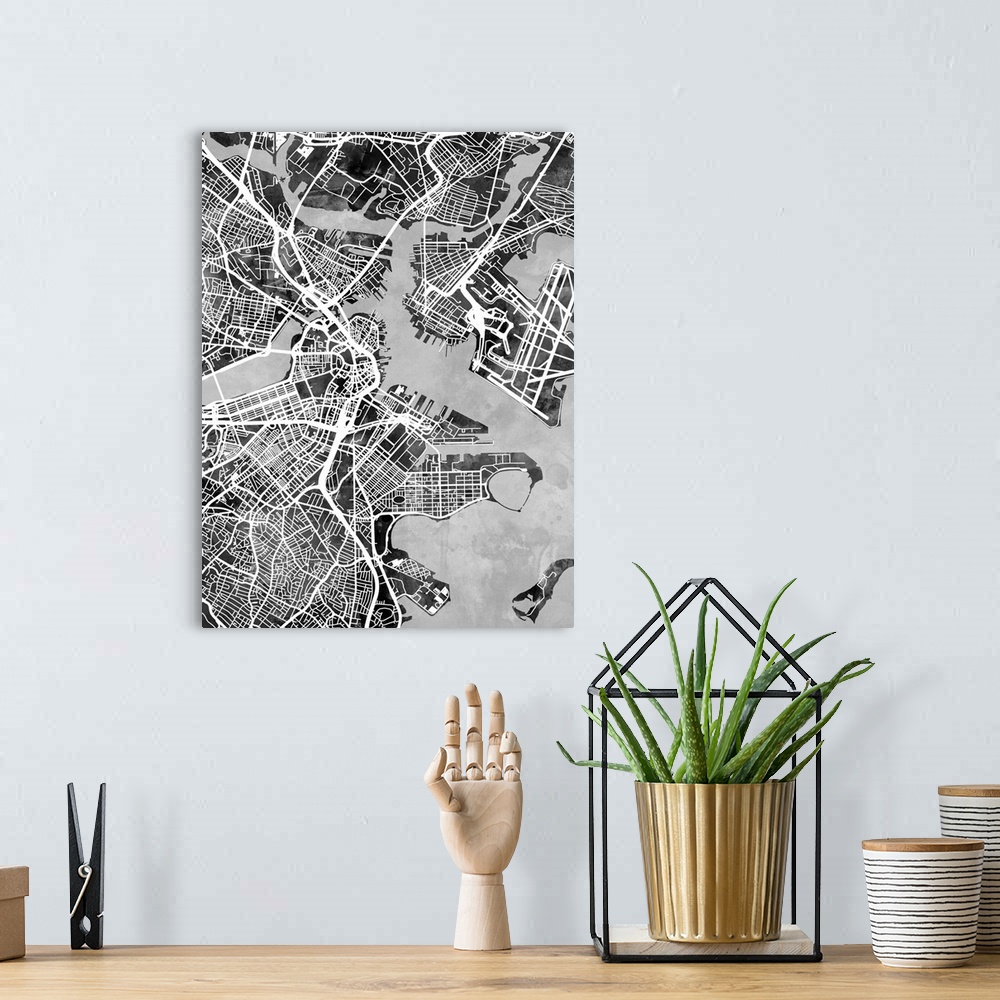 A bohemian room featuring Watercolor street map of Boston, Massachusetts, United States.