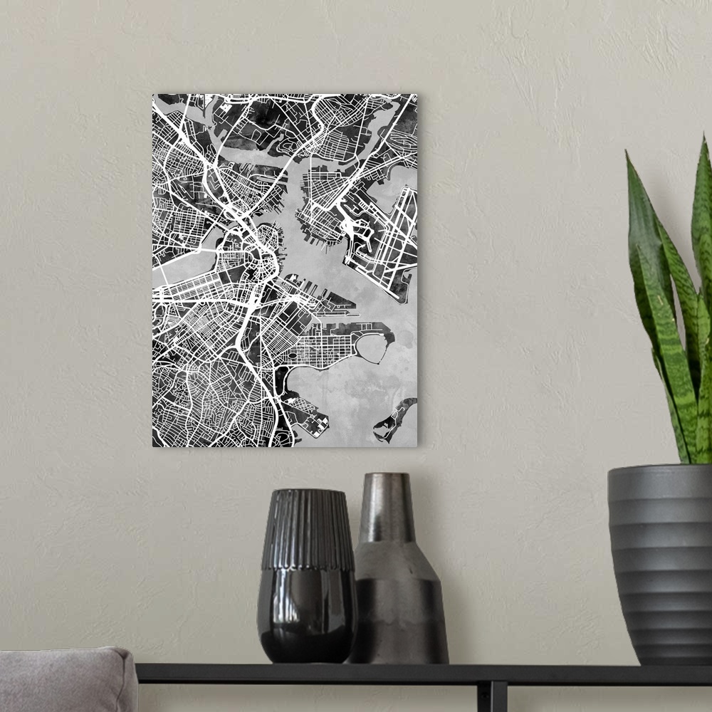 A modern room featuring Watercolor street map of Boston, Massachusetts, United States.