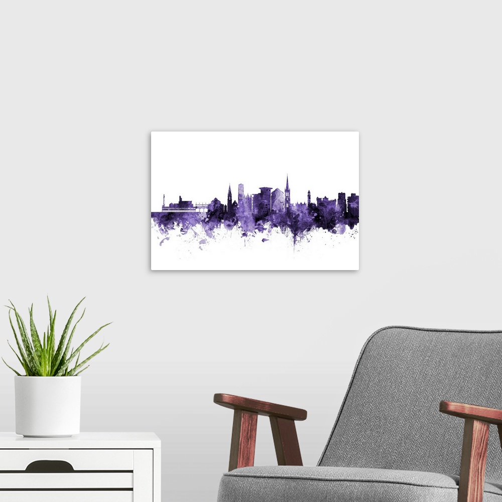 A modern room featuring Watercolor art print of the skyline of Bournemouth, England, United Kingdom