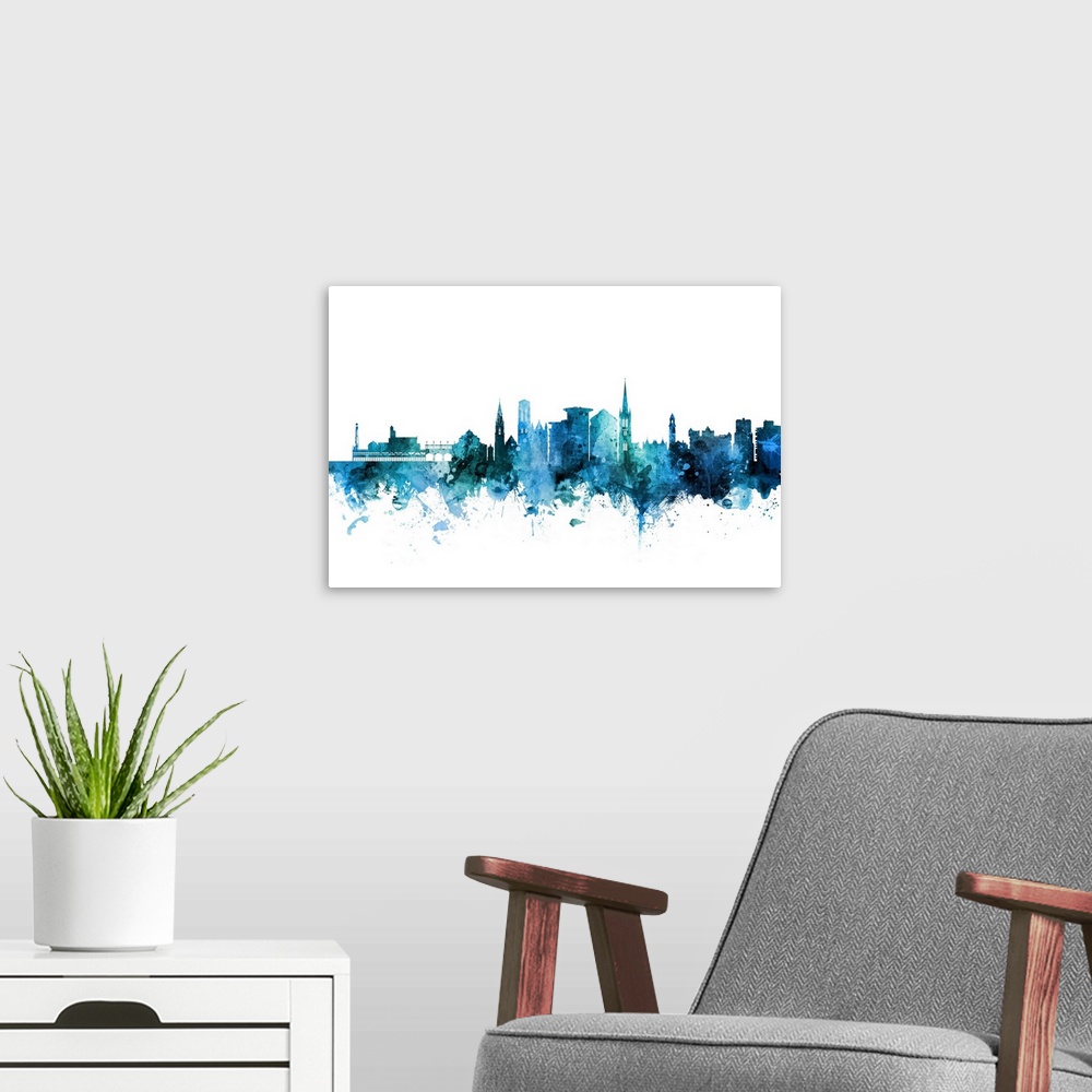 A modern room featuring Watercolor art print of the skyline of Bournemouth, England, United Kingdom.